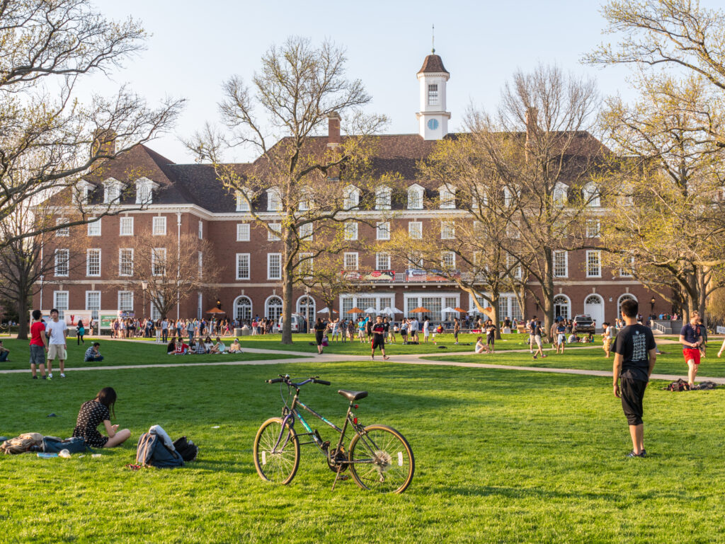 Urbana, Illinois, April 17, 2016 - Students are out on the Quad lawn of the University of Illinois college campus in Urbana Champaign